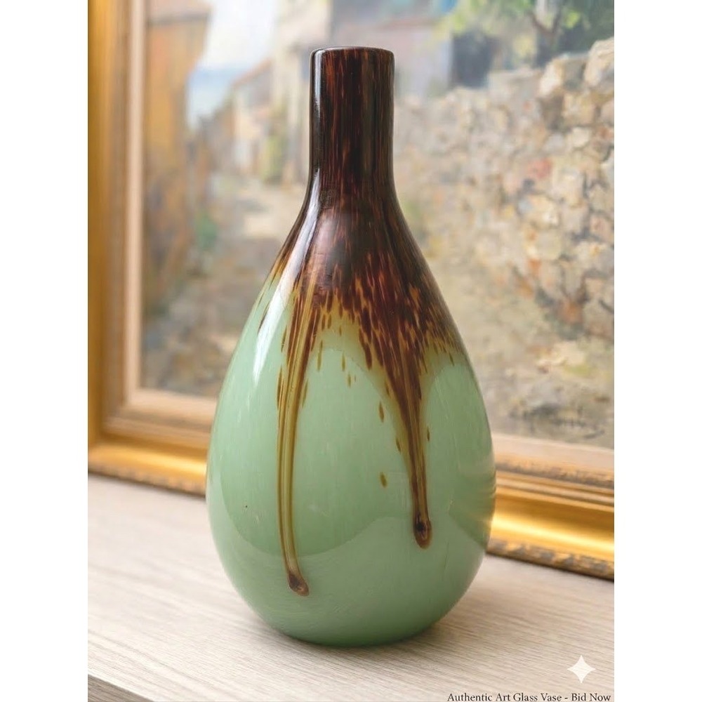 Large 15" Murano Art Glass Teardrop Vase Mid Century Amber Brown Drip Seafoam
